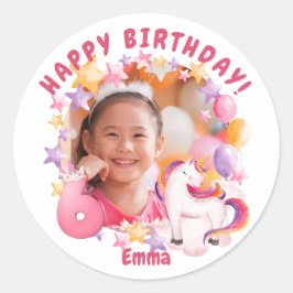 ピンクパーソナライズされたユニコーン第6誕生日ガール ラウンドシール