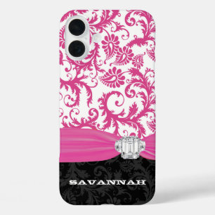 ピンクパーソナライズされたラフェイクインストーンDamask iPhone 16 Plusケース