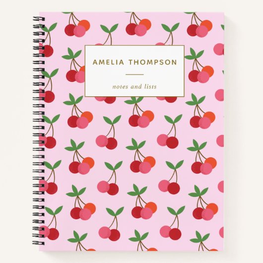 ピンクパーソナライズされたレッドさくらんぼフルーツレトロパターン ノートブック (正面)
