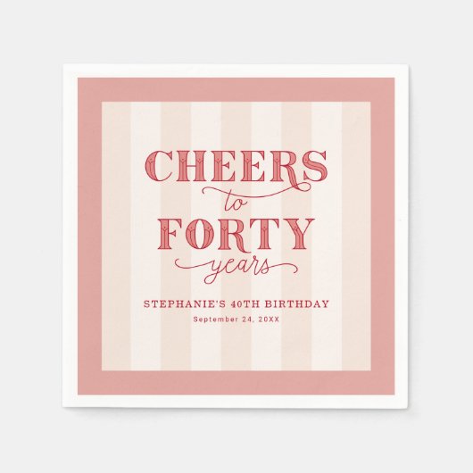 ピンクパーソナライズされたレッド40th誕生日ペーパーナプキン スタンダードカクテルナプキン (正面)