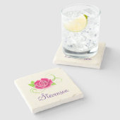 ピンクパーソナライズされたローズイラストレーション ストーンコースター (横)