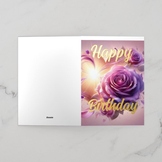 ピンクパーソナライズされたローズエレガント誕生日ウィッシュ 箔グリーティングカード (外側レイダウン)