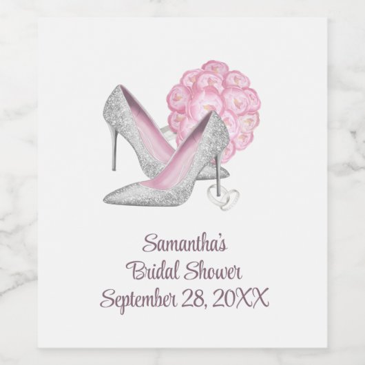 ピンクパーソナライズされたローズシルバーヒールブライダルシャワー ワインラベル (シングルラベル)