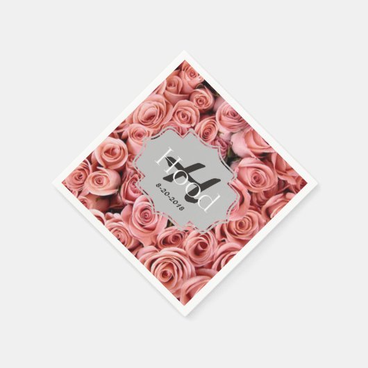 ピンクパーソナライズされたローズモノグラムイベントナプキンス スタンダードカクテルナプキン (角)