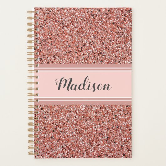ピンクパーソナライズされたローズ金ゴールドグリッターモノグラム プランナー手帳 (正面)