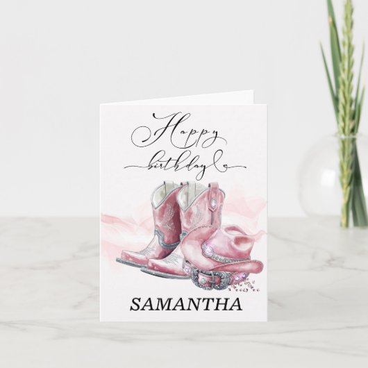 ピンクパーソナライズされた女性のカーボーイ誕生日カード カード (正面)