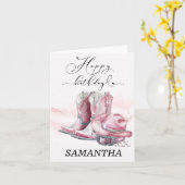 ピンクパーソナライズされた女性のカーボーイ誕生日カード カード (黄色い花)