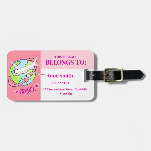 ピンクパーソナライズされた旅行機荷物タグ ラゲッジタグ (正面横)