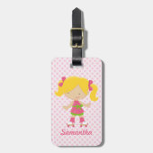 ピンクパーソナライズされた水玉模様ブロンドローラスケートで滑る ラゲッジタグ (正面縦)