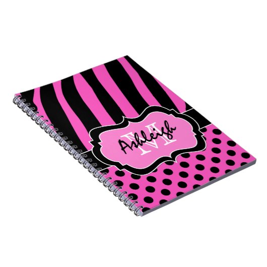 ピンクパーソナライズされた白黒ストライプの水玉模様 ノートブック (右側)