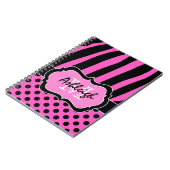 ピンクパーソナライズされた白黒ストライプの水玉模様 ノートブック (左側)