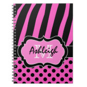 ピンクパーソナライズされた白黒ストライプの水玉模様 ノートブック (正面)