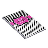 ピンクパーソナライズされた白黒ストライプの水玉模様 ノートブック (右側)