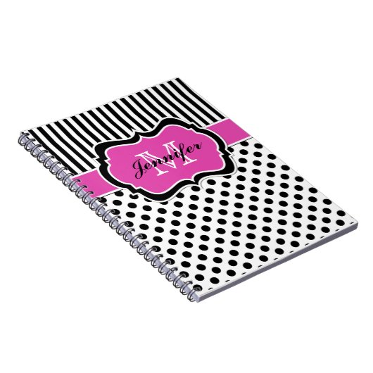ピンクパーソナライズされた白黒ストライプの水玉模様 ノートブック (右側)