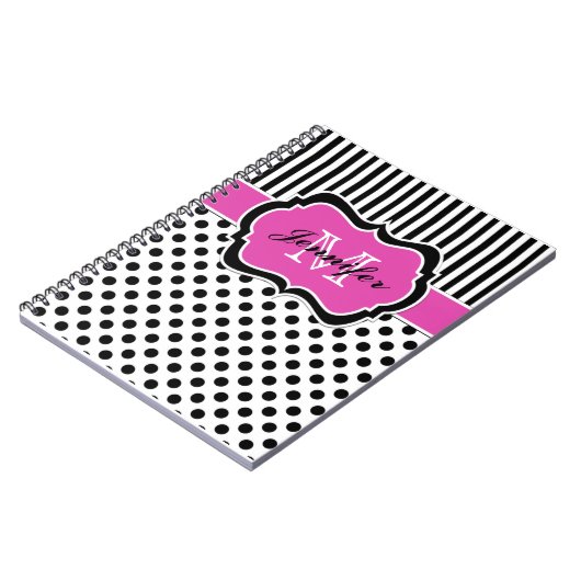 ピンクパーソナライズされた白黒ストライプの水玉模様 ノートブック (左側)