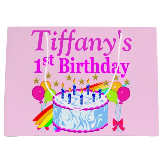 ピンクパーソナライズされた第1バースデーケーキ抱き枕 ラージペーパーバッグ (正面)