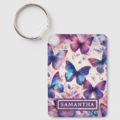 ピンクパーソナライズされた紫色の水彩蝶 キーホルダー (正面)