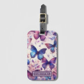 ピンクパーソナライズされた紫色の水彩蝶 ラゲッジタグ (正面縦)