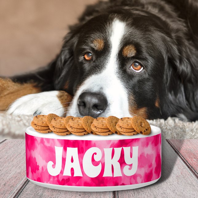 ピンクパーソナライズされた絞り染めの犬または猫名丼 ボウル (クリエイターアップロード済み)
