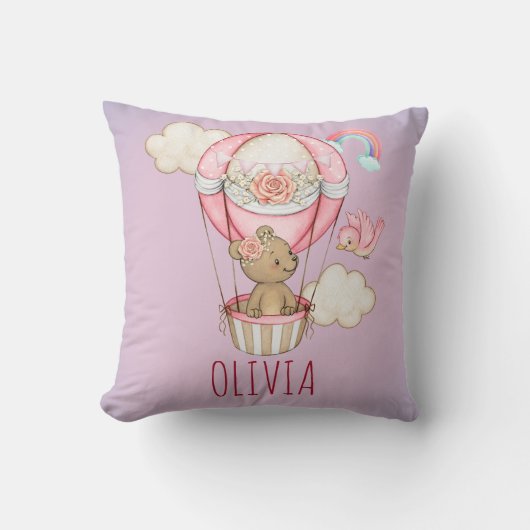 ピンクパーソナライズされた色の熱気球の水色 クッション (正面)