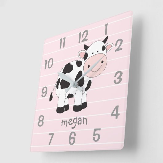 ピンクパーソナライズされた色の牛子供部屋壁時計 スクエア壁時計 (傾斜)