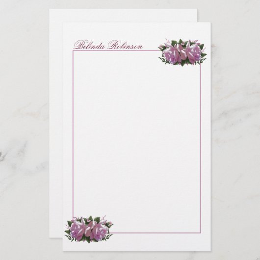 ピンクパーソナライズされた薄紫フラワー文具紙 便箋 (正面/裏面)