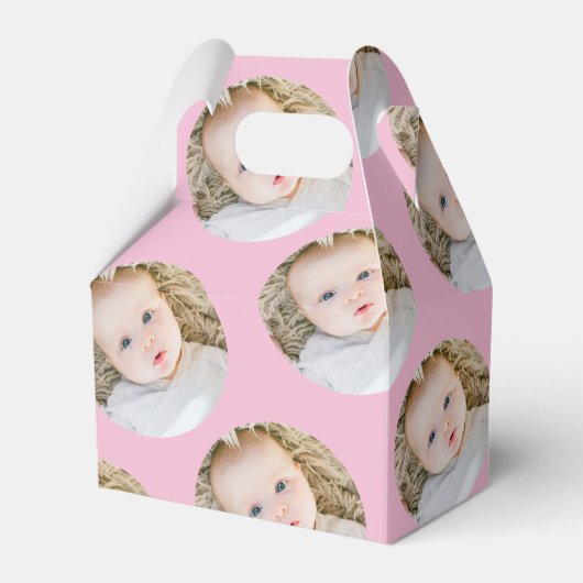 ピンクパーソナライズされた誕生日の写真サークル フェイバーボックス (正面サイド)