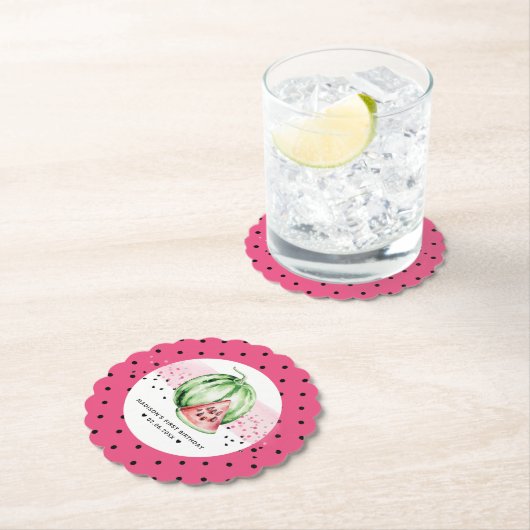 ピンクパーソナライズされた誕生日スイカ ペーパーコースター (インサイチュ)