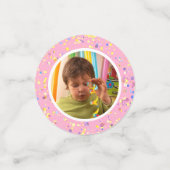 ピンクパーソナライズされた誕生日フォトディスク水色 コンフェッティ (スモール正面)