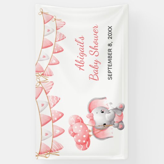 ピンクパーソナライズされた象の風船ベビーシャワー 横断幕 (縦)