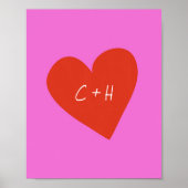 ピンクパーソナライズされた赤いハートラブカップルイニシャル ポスター (正面)