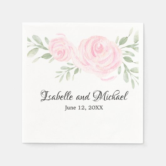 ピンクパーソナライズされた赤面水彩バラ結婚ズ スタンダードカクテルナプキン (正面)