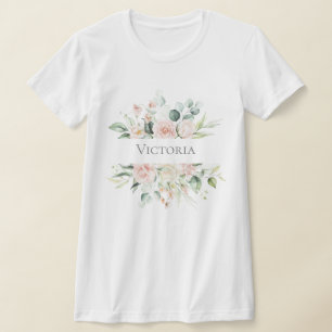 ピンクパーソナライズされた赤面水色フローラ名  Tシャツ