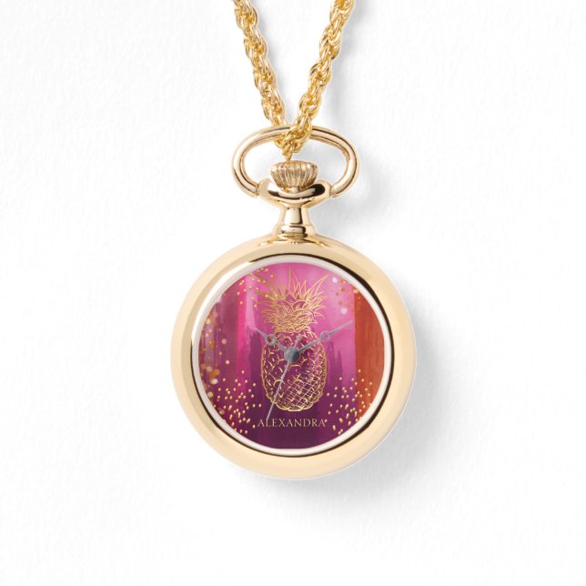 ピンクパーソナライズされた金ゴールドグリッターパイナップル 腕時計 (正面)