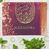 ピンクパーソナライズされた金ゴールドパイナップルグリッター キッチンタオル (折り畳み)