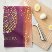 ピンクパーソナライズされた金ゴールドパイナップルグリッター キッチンタオル (四つ折り)