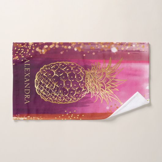 ピンクパーソナライズされた金ゴールドパイナップルグリッター バスタオルセット (ハンドタオル)