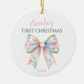 ピンクパーソナライズされた金ゴールドボウベビーガール1stクリスマス セラミックオーナメント (正面)