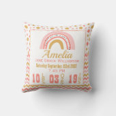 ピンクパーソナライズされた金ゴールドレインボー誕生統計子供部屋 クッション (裏面)