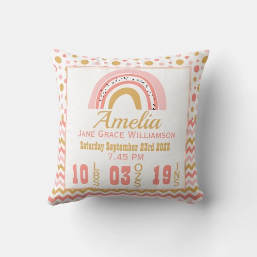 ピンクパーソナライズされた金ゴールドレインボー誕生統計子供部屋 クッション (裏面)
