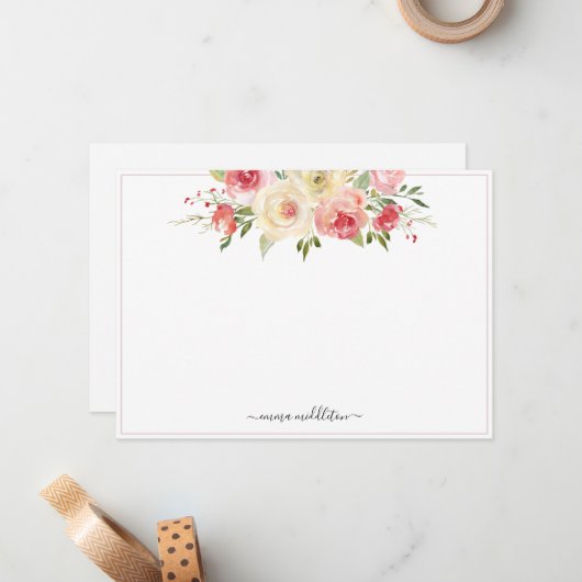 ピンクパーソナライズされた開花水彩フローラ ノートカード (正面/裏面インサイチュ)