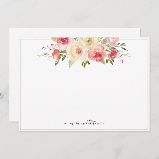 ピンクパーソナライズされた開花水彩フローラ ノートカード (正面/裏面)