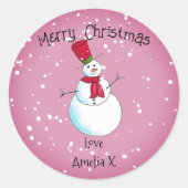 ピンクパーソナライズされた雪だるまクリスマス ラウンドシール (正面)