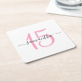 ピンクパーソナライズされた15誕生日 スクエアペーパーコースター (アングル)