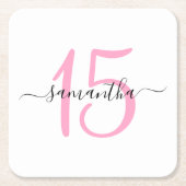 ピンクパーソナライズされた15誕生日 スクエアペーパーコースター (正面)