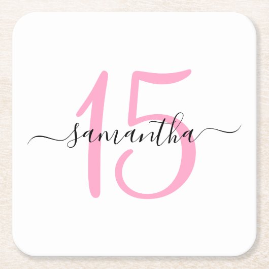 ピンクパーソナライズされた15誕生日 スクエアペーパーコースター (正面)