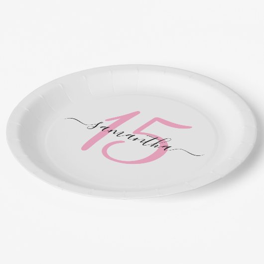 ピンクパーソナライズされた15誕生日 ペーパープレート (アングル)