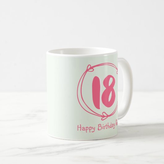 ピンクパーソナライズされた18誕生日ギフトコーヒーマグ コーヒーマグカップ (正面右)