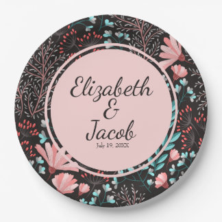 ピンクパーソナライズされた&ティール（緑がかった色）ダークフローラルパターン ペーパープレート