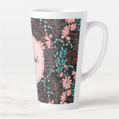 ピンクパーソナライズされた&ティール（緑がかった色）ダークフローラ カフェラテマグ (右)